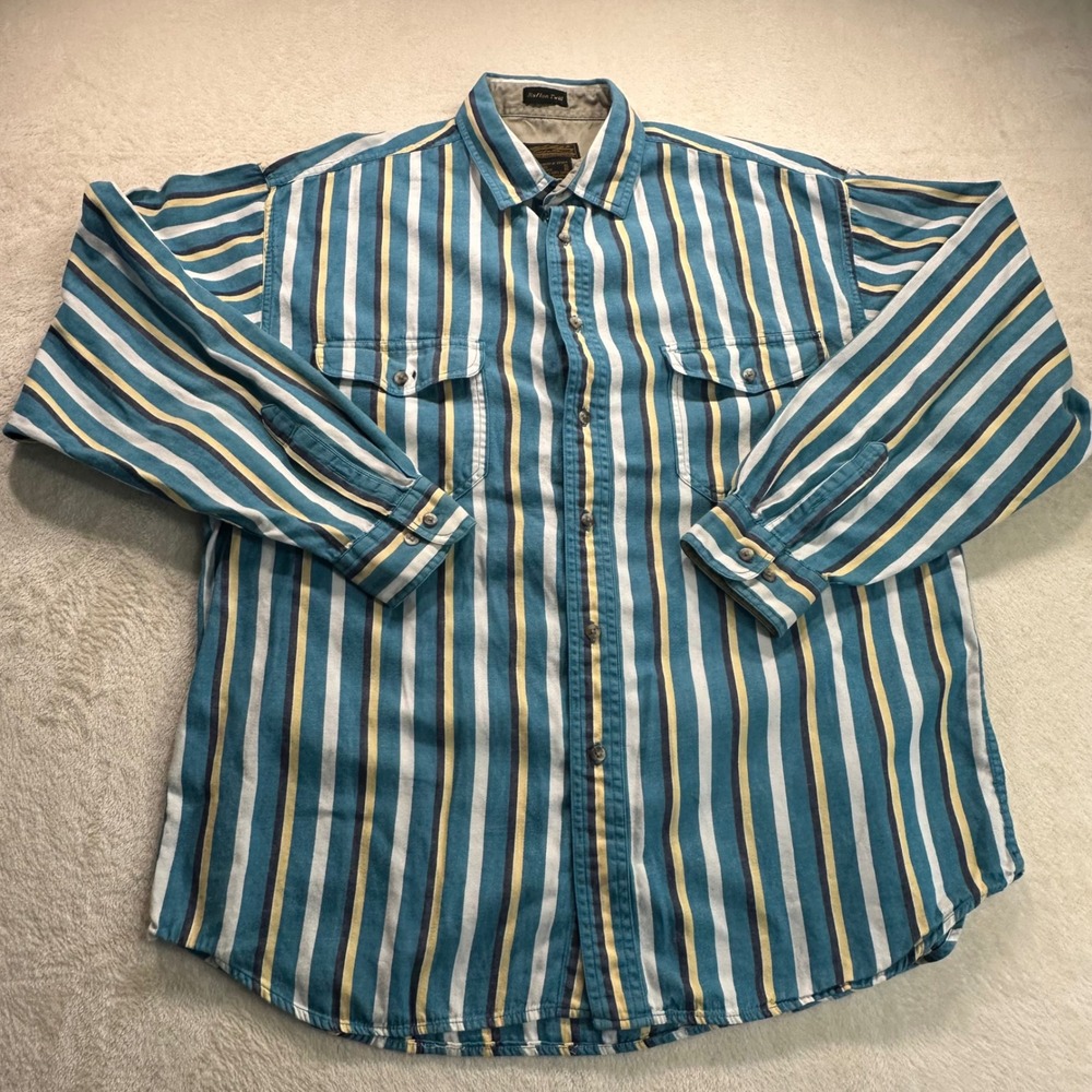 Vintage Eddie Bauer Rufton Twill Striped Button Down Shirt Mens XL Teal Yellow